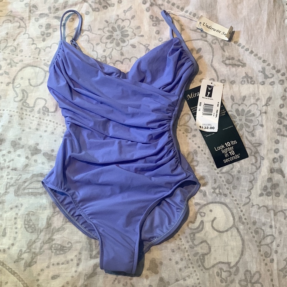 New Miraclesuit Ruched Wrap One Piece Swimsuit Purple Sz 10